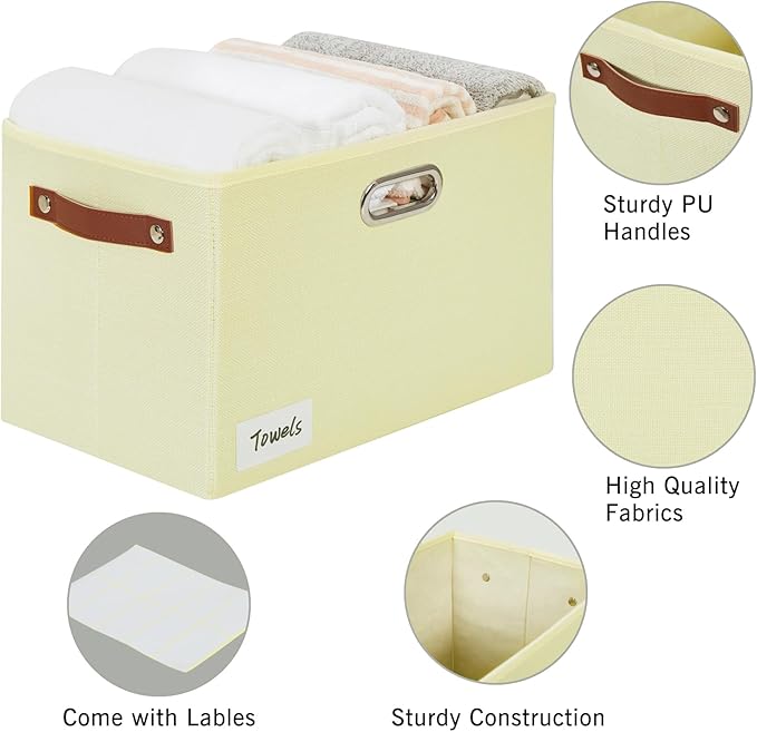 Large 3-Pack Foldable Fabric Storage Bins with Durable PU & Metal Handles , Collapsible Storage Baskets for Shelves, Home Storage, Closet Organizers, Living Room(14.9"x9.8"x9.8", Beige)