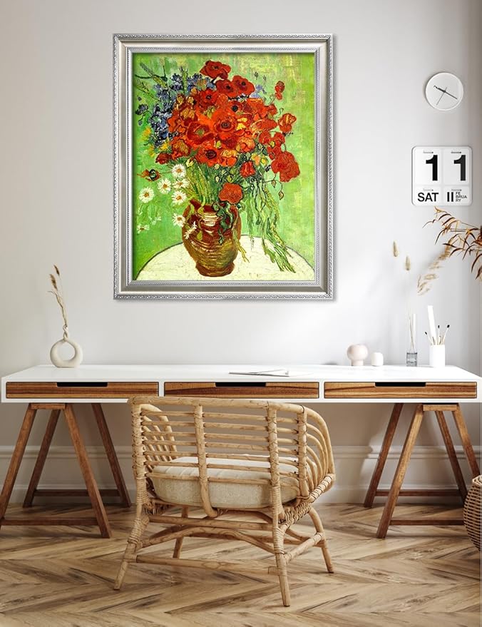 DECORARTS - Red Poppies and Daisies by Vincent van Gogh, Museum-Quality Giclee Canvas Print with Silver Solid Wood Frame, 34.75 x 28.75 in, Ready to Hang, Made in USA