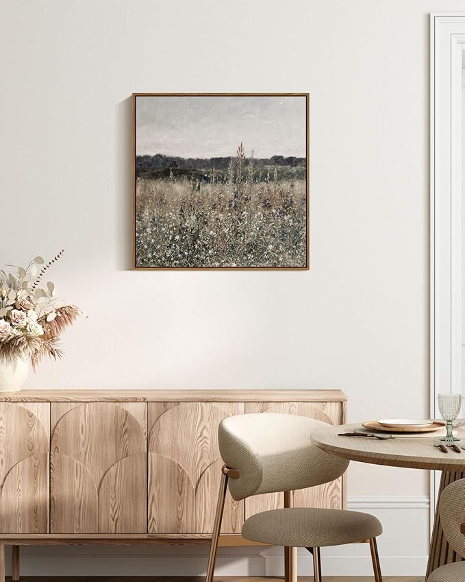 InSimSea Square Framed Canvas Wall Art, Scenery Field Home Decor, Vintage Meadow Flowers Wall Art Prints, Retro Nature Floral Wall Decor for Living Room Bedroom Home Bathroom 16"x16"