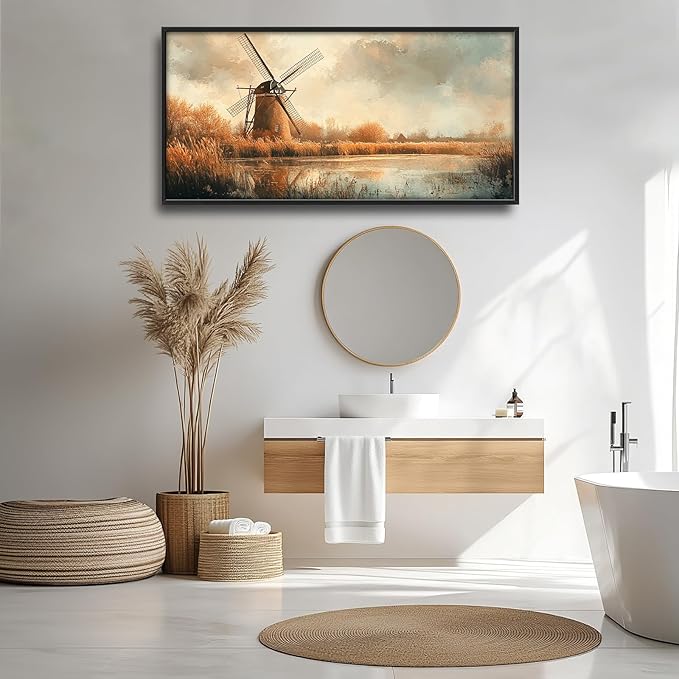 Landscape Framed Wall Art for Living Room, Large Holland Windmill Canvas Wall Decor, Country Farmhouse Pictures Painting, Modern Artwork for Bathroom Bedroom 60L'' × 30W''