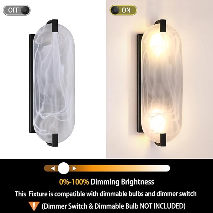 2 Pack 2 Light Oval Frosted Glass Bathroom Wall Sconce Modern Concise Style Wall Light Fixture,Black Finish for Bedroom Hallway Bedside