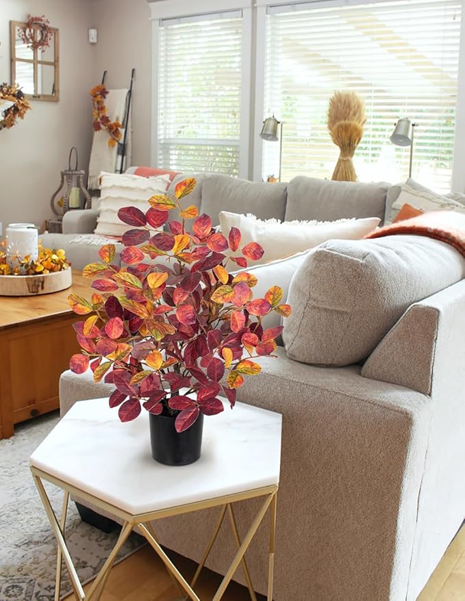Briful 18.5" Fake Fall Eucalyptus Tree in Black Pot, Autumn Small Artificial Tree with Realistic Red Orange Leaves Faux Plants Indoor for Home Office Room Tabletop Mantel Thanksgiving Decor