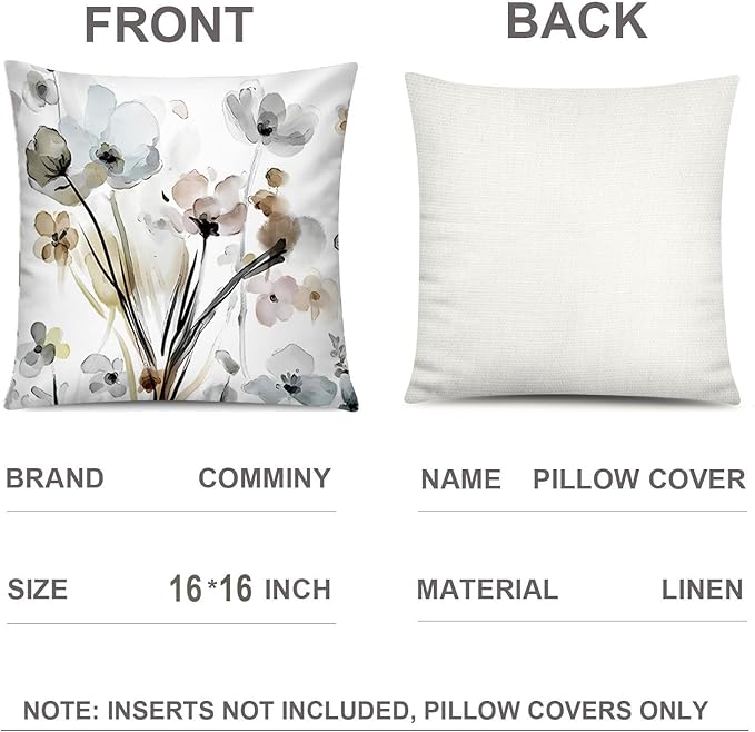 Brown Grey Floral Pillow Cover 16x16 Set of 6 Watercolor Throw Pillow Covers Square Cushion Covers for Couch Sofa Living Room Home Decor