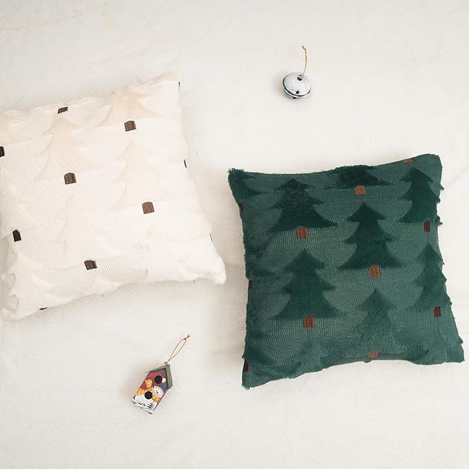 GEEORY Christmas Pillow Covers 18x18 Inch Set of 2, Christmas Decorations Xmas Tree Soft Plush Fluffy Faux Fur Decorative Throw Pillows Rustic Winter Decor Cushion Case Green Brown GC033-18