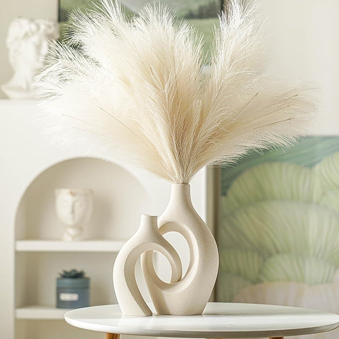 Snuggle Hollow Ceramic Vase Set of 2, Boho ins Style Round Nordic Mid Century Modern Aesthetic Decorative Vase for Home Decor (Cream W 6.8" X H 11")