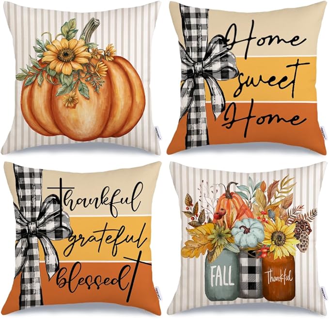 GEEORY Fall Pillow Covers 18x18 Inch Set of 4, Pumpkins Mason Jars Home Sweet Home Striped Seasonal Decorative Throw Pillows Farmhouse Autumn Thanksgiving Decorations for Home Decor (Orange)