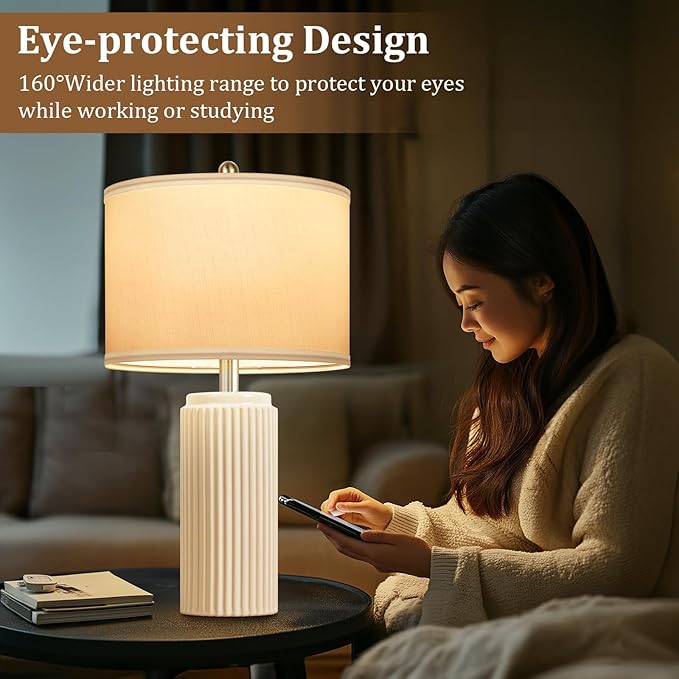 23.5’’ Beige Modern Ceramic Table Lamps Set of 2 for Living Room, Farmhouse Bedside Lamps with Upgraded White Linen Shade, Rustic Nightstand Lamps for Bedroom Home Office, Vintage End Table Dorm