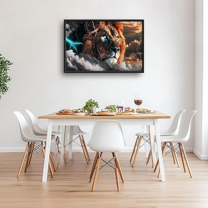 Abstract Lion Large Framed Wall Art Cool Lion Lightning Pictures Oversized Rustic Wild Animal Wall Decor Canvas Print Painting Aesthetic Modern Artwork for Living Room Bedroom Office Bathroom Home Decor 36L"x24W"