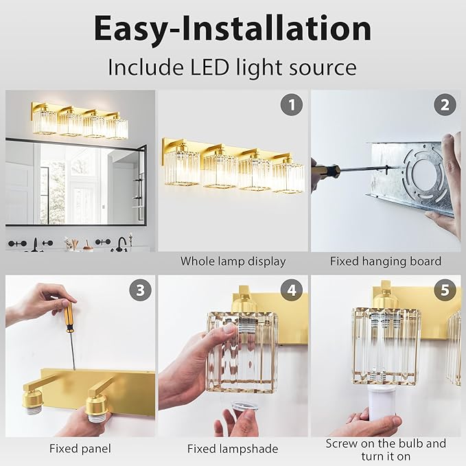 Bathroom Vanity Light Fixtures Over Mirror - Makeup Lighting Pure Gold - for Modern Wall, Bath, Desk, Farmhouse, Hallway 4 Crystal Lights