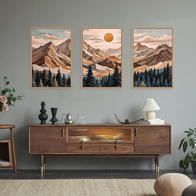 KAIRNE Mountain Framed Wall Art Set of 3, Wooden Mountain Forest Wall Decor, Boho Pine Tree Landscape Wall Painting, Woodcut Wilderness Scenery Art Prints for Living Room, Bedroom, Office -16"x24"