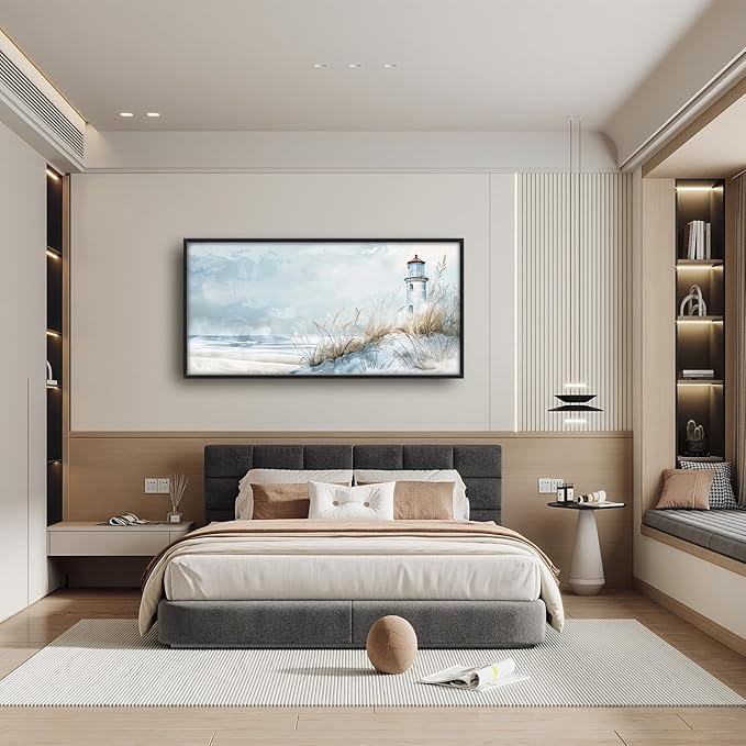 Flintis Large Lighthouse Wall Art Beach Lighthouse Pictures Wall Decor Abstract Nautical Canvas Painting Print Artwork Decoration Framed for Living Room Bathroom Master Bedroom 60L x 30W