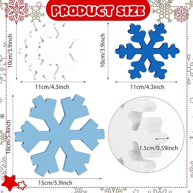 Bucherry 3 Pcs Winter Wooden Snowflake Decor Rustic Winter Snowflake Table Signs Wonderland Wood Blocks Farmhouse Christmas Tiered Tray Decorations for Xmas Table Shelf(Assorted Colors)
