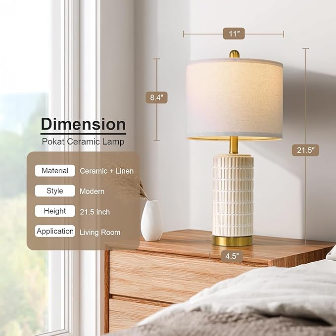 PoKat Small Bedside Table Lamps with USB Ports for Bedroom, 21.5'' White Nightstand Lamps for Night Stands, Modern Ceramic Bedroom Lamps for Living Room End Table, White and Beige