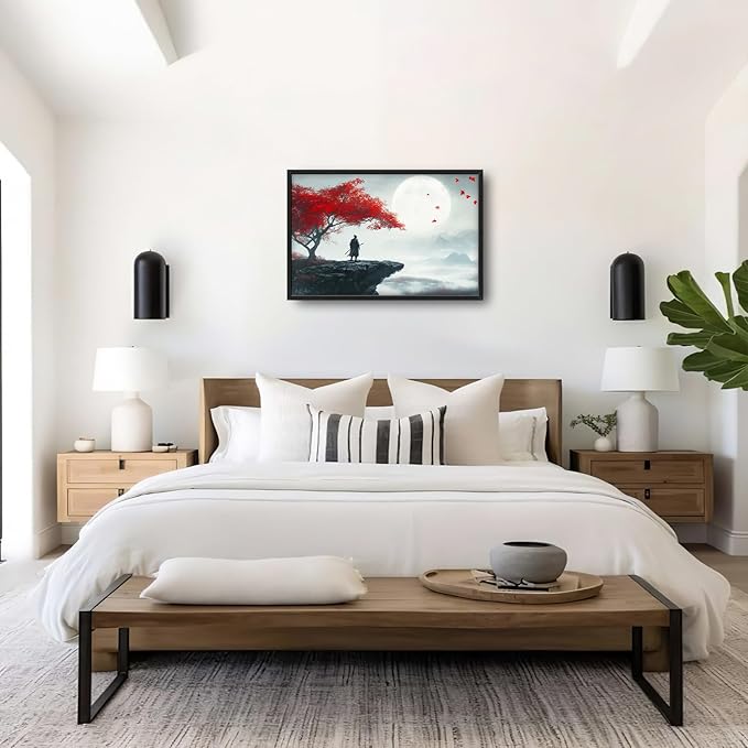 Framed Large Wall Art for Living Room, Japanese Samurai Canvas Wall Decor, Red Tree Pictures Painting, Modern Landscape Artwork for Bedroom Office 36L'' × 24W''