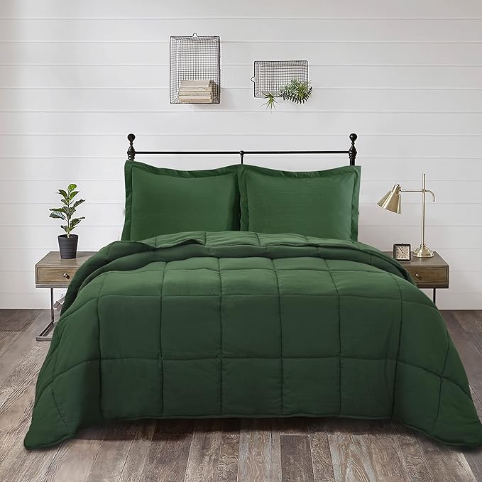 HIG 3pc Prewashed Green King Size Comforter Duvet Insert - All Season Quilted Down Alternative Comforter with Corner Tabs -Box Stitched - 250GSM Fiberfill Farmhouse Style Bedding(Salomon)