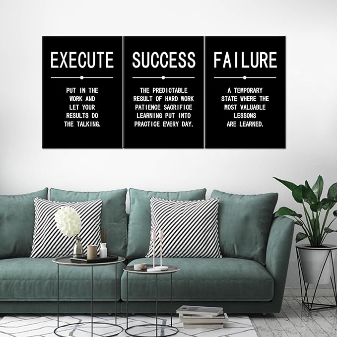 Inspirational Canvas Painting Wall Art Success Quote Wall Art Execute Failure Definition 3 Pieces Black Poster Positive Motivational Framed Artwork Prints Picture for Living Room Office [60''Wx 28''H]