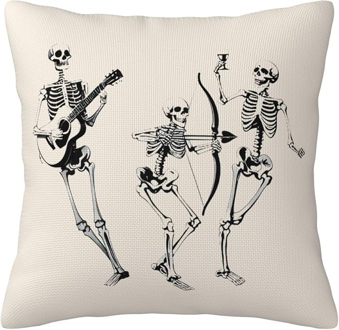 Halloween Pillow Covers 16x16 inch Set of 4, Linen Outdoor Farmhouse Skeleton Skull Spooky Black and White Decorations for Sofa Couch