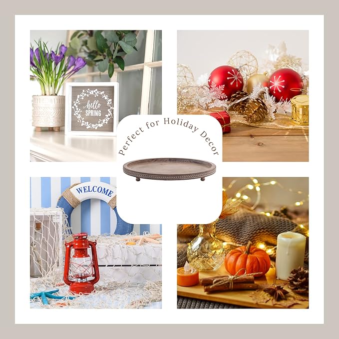 Decorative Tray, Oval Wooden Tray for Coffee Table Decor Kitchen Dinning Table Entryway, Small Beaded Tray for Holidays, Distressed Brown