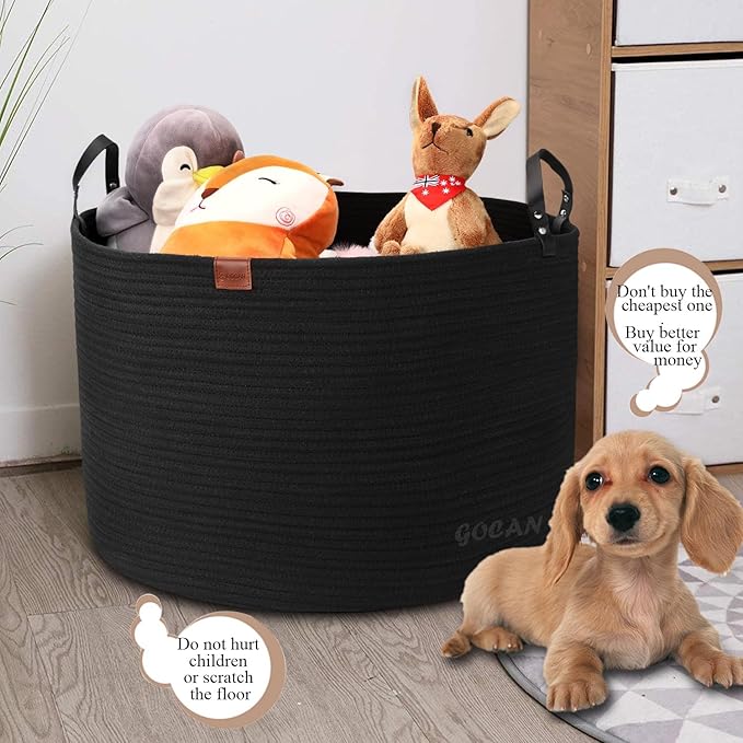 Extra Large Storage Laundry Basket 22" X 22"X 14" Cotton Rope Woven for Blanket Basket with Handles for Living Room Toys Storage XXXL (Pure Blk)