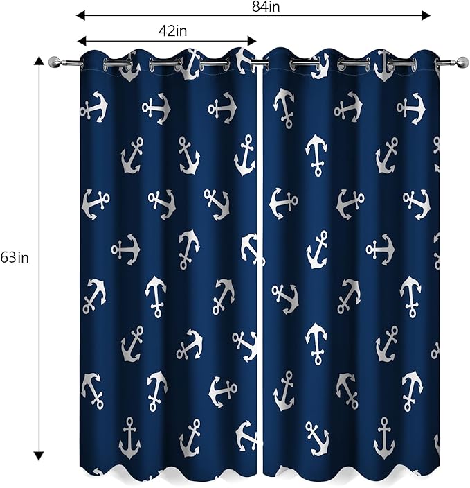 MissHope Nautical Anchor Blackout Curtains Ocean Beach Coastal Beach Theme Home Decoration Drape Sailing Ship Boat Decor for Bedroom Living Room Classroom Grommet Window Drapes 2 Panels, 42x63 Inch