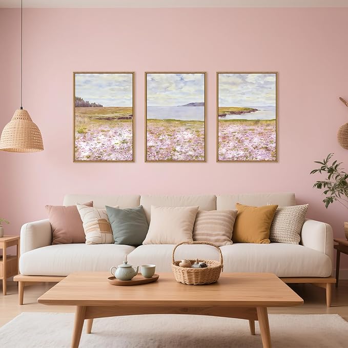 HOURIA Pink Wildflower Coastal Landscape Framed Canvas Wall Art Set,Green Meadow Field Wall Decor,Watercolor Beach Wall Painting,Modern Seaside Wall Decor for Living Room, Bedroom, Farmhouse-16"x24"x3