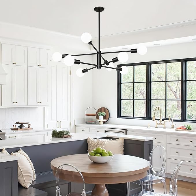 Sputnik Chandeliers Dining Room Light Fixture (8-Light, 30-Inch), Modern Black Chandelier, Height Adjustable Mid Century Modern Chandeliers for Dining Room Kitchen Island