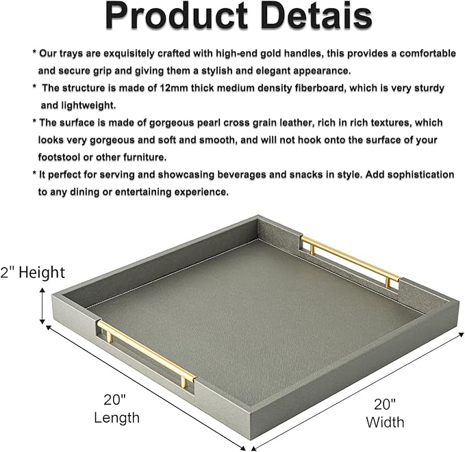 Faux Leather Serving Coffee Tray with Gold Handles,Gray Rectangle Decorative Trays for Home Decor Large Ottoman Tray for Living Room