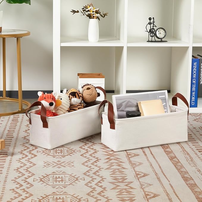 DULLEMELO Small Storage Bins, Fabric Storage Bins Closet Baskets for Organizing with PU Handles, Rectangle Closet Storage Bin with Metal Frame, Natural Color, 2-Pack