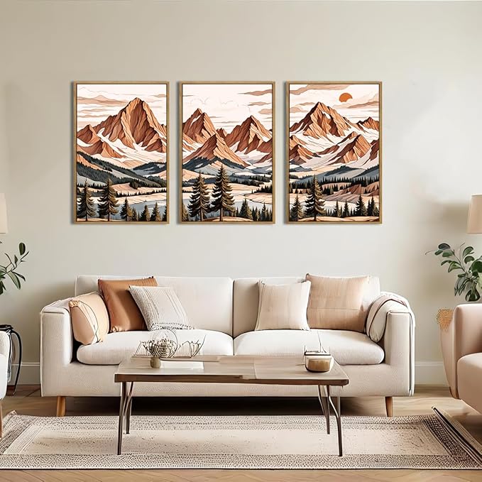 IARTTOP Framed Mountain Canvas Wall Art Large16x24 Inch Abstract Mountain Art Prints Set of 3 Vintage Nature Scenery Wall Decor for Living Room Bedroom Office
