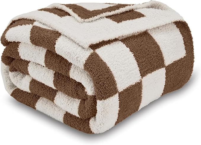 CozeCube Checkered Blanket, Ultra Soft Cozy Dark Brown and White Throw Blanket, Warm Cozy Knit Fuzzy Plush Checkerboard Throw for Couch Bed Sofa, 50"x60"