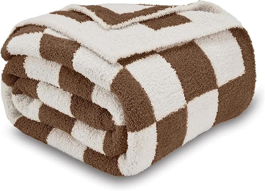 CozeCube Checkered Blanket, Ultra Soft Cozy Dark Brown and White Throw Blanket, Warm Cozy Knit Fuzzy Plush Checkerboard Throw for Couch Bed Sofa, 60"x80"
