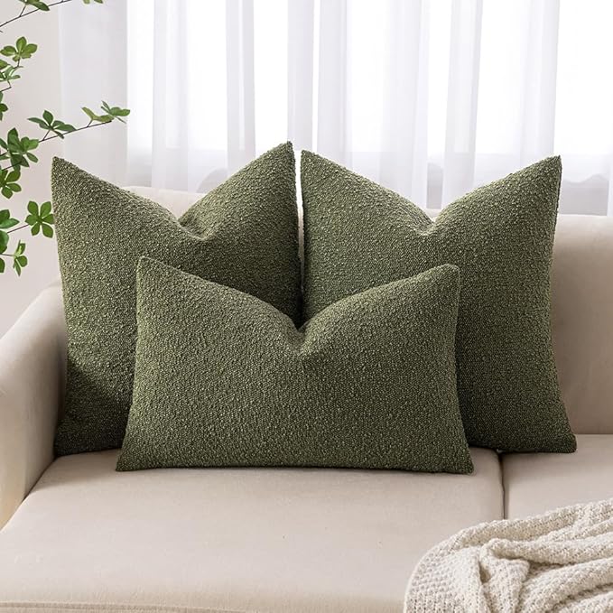 MIULEE 12x20 Inch Decorative Lumbar Throw Pillows for Bed Set of 2 Textured Boucle Neutral Throw Pillow Covers Olive Green Accent Solid Pillowcase Cozy Soft Sofa Livingroom Home Decor
