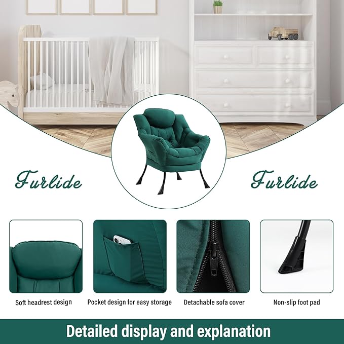 Lazy Chair for Living Room, Modern Accent Chairs with Armrests, Comfy Lounge Chair with Side Pocket, Cozy Lazy Sofa for Reading, Balcony, Bedroom, Dorm, Small Spaces (Dark Green)