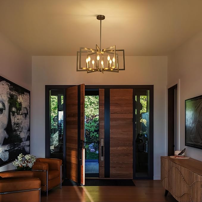 8-Light Modern Farmhouse Brushed Nickel Chandeliers for Dining Room, Large Industrial Kitchen Table Chandelier, Metal Geometric Hanging Light Fixture for Living Room Entryway Foyer Stairway