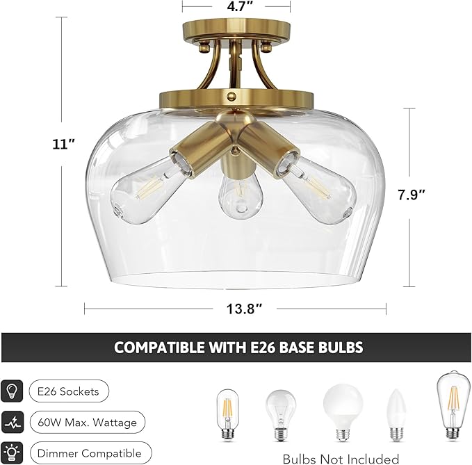 VONLUCE Semi Flush Mount Ceiling Light, 13.8" Ceiling Light Fixture with Clear Glass Shade, E26 Base, 3-Bulb Industrial Ceiling Light for Hallway Entryway Kitchen Bedroom, Brushed Gold