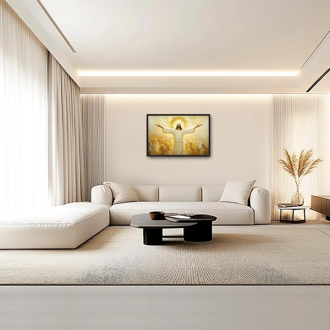 Jesus Framed Wall Art for Living Room, Large Christ Canvas Wall Decor, Jesus Golden Light Pictures Painting, Modern Artwork for Bathroom Bedroom Office 36L'' × 24W''