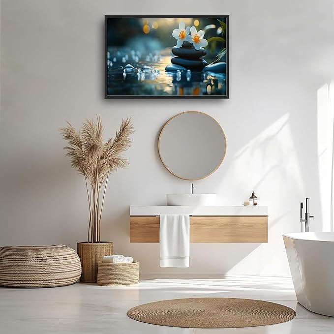 Zen Framed Wall Art for Living Room, Large Lotus Canvas Wall Decor, Stones in Water Landscape Pictures Painting, Modern Artwork for Spa Bathroom Bedroom 36L'' × 24W''