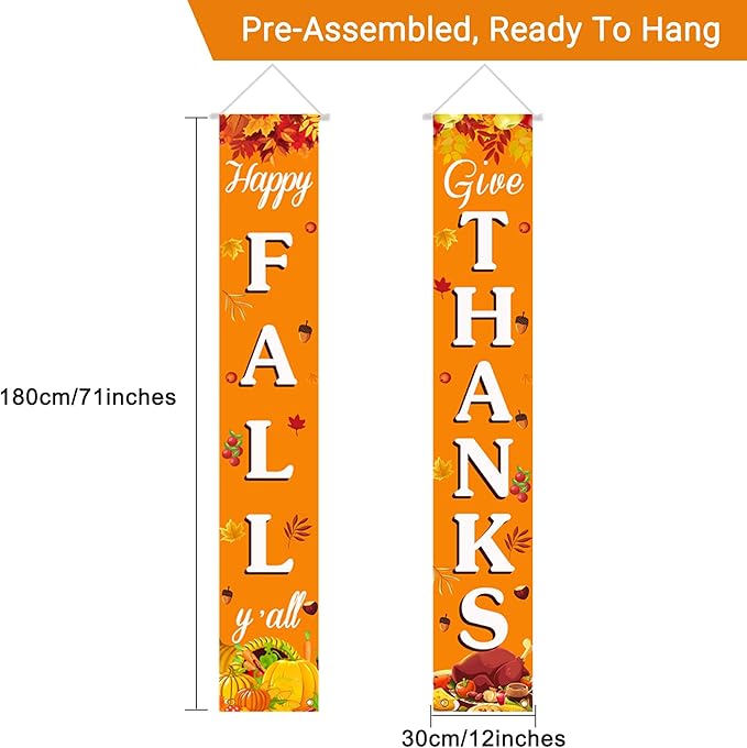 Fall Decorations for Home Happy Fall & Give Thanks Porch Banner Pumpkin Maple Leaves Door Welcome Signs for Autumn Harvest Thanksgiving Decorations Decor Indoor Outdoor