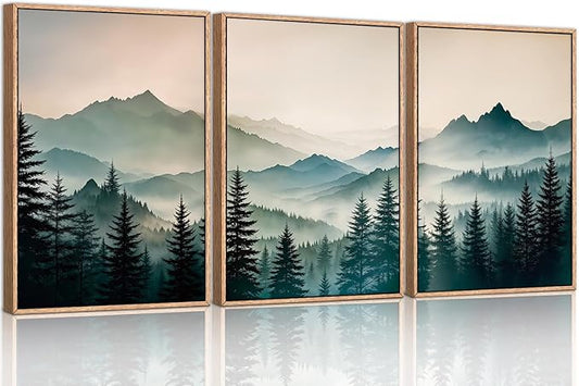 HPNIUB Large Green Mountain Framed Canvas Wall Art,Boho Foggy Forest Wall Decor,Modern Watercolor Pine Tree Wall Painting,Nature Mountains Landscape Art Print for Living Room,Bedroom,Office- 24"x36"x3