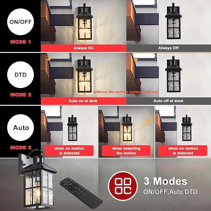 Porch Lights Outdoor with Remote Control: 2 Pack Motion Sensor Exterior Lighting Fixtures Intelligent 3 Lighting Modes Outdoor Wall Lights Sconce Lights for House Patio Front Door Garage