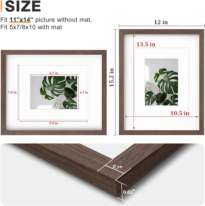 Egofine 11x14 Picture Frames Set of 4, Made of Solid Wood Covered by Plexiglass 5x7 and 8x10 with Mat or 11x14 without Mat, for Table Top Display and Wall Mounting Photo Frame Brown