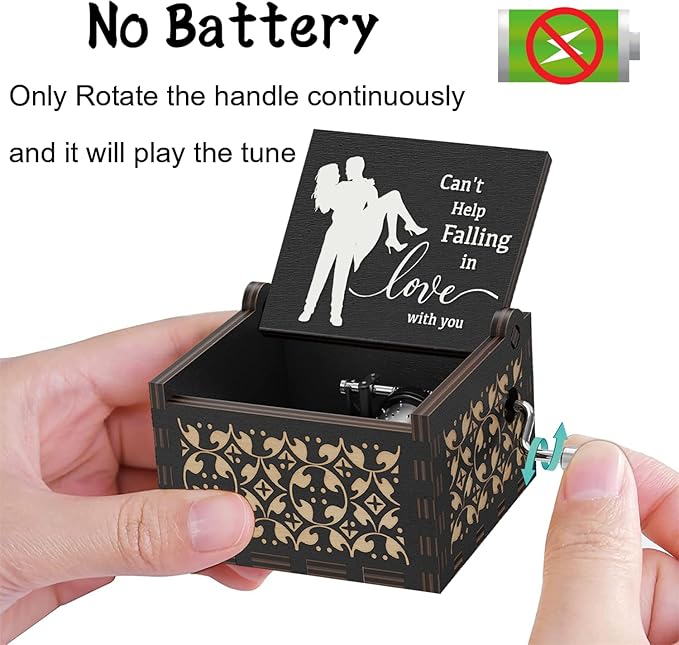 Can't Help Falling in lo Wood Hand Crank Music Box Cute Black mini Musical Anniversary Wedding Valentine's Day Gift for her him Love One Lover, Boyfriend, Girlfriend, Husband, Wife,Women