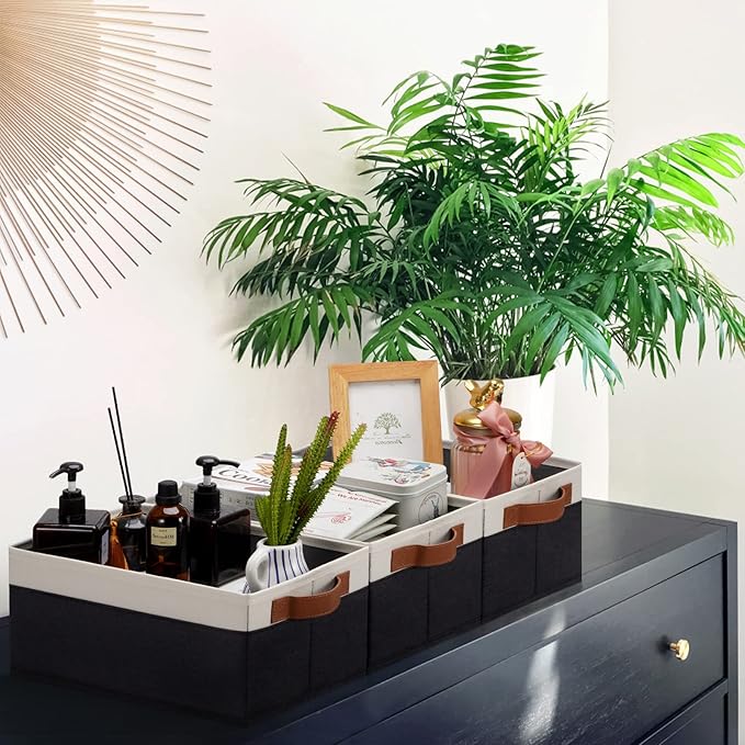 GhvyenntteS Storage Baskets for Organizing, Fabric Storage Bins with Leather H&les, Foldable Rectangular Storage Baskets for Shelves, Closets, Home, Office(Black/White, 6 Pack)11.8X7.9X5.1 in