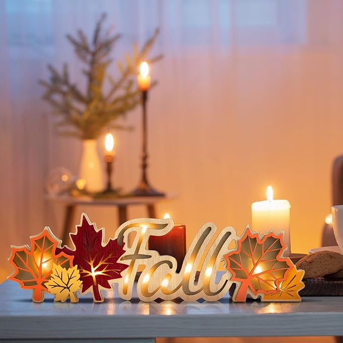 Geetery Fall Decor Thanksgiving LED Wooden Sign Rustic Tabletop Centerpiece Maple Leaves Decorations Fall Kitchen Decor for Home Thanksgiving Autumn Harvest Party