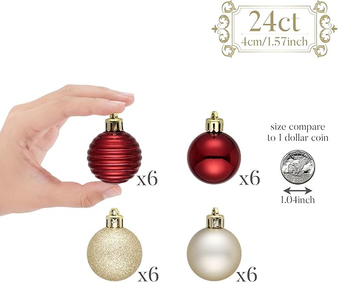 Valery Madelyn 1.57 Inches Small Christmas Tree Decorations Ornament Set for 4th of July Fall Halloween, 24ct Burgundy Red and Gold Shatterproof Hanging Ball Ornaments Holiday Party Decor