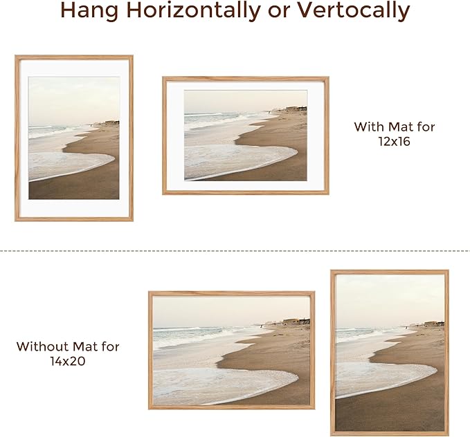 14x20 Picture Frame, Solid Oak Wooden 14"x20" Photo Frame for Wall, 14 x 20 Frame Matted to 12 x 16, Tempered Real Glass, 14 x 20 Collage Gallery Frames (Natural Oak Color, 1 Pack)