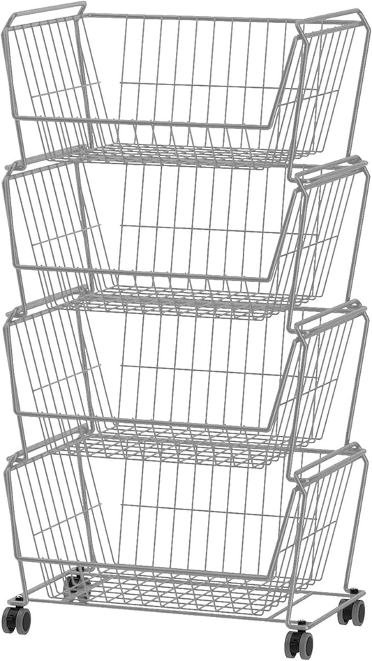 PUSDON 4-Tier Stackable Metal Storage Baskets, Anti-Rust Fruit Vegetable Rack, Dual Use Shelf for Kitchen, Home & Office, Silver Grey