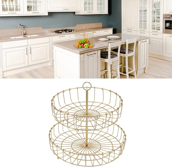 Tiered Fruit Bowl, 2 Tier Fruit Basket, Golden Fruit Basket Iron Round Golden Nordic Household Snack Storage Tray For Party Desktop Kitchen