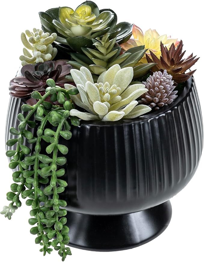 MyGift 8 Inch Modern Green Artificial Succulent Arrangement Potted in Matte Black Fluted Ceramic Round Planter, Decorative Plant Pot with Assorted Faux Mini Succulents