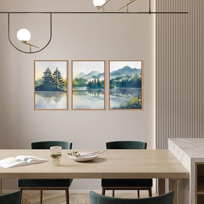 HPNIUB Large Green Mountain Framed Canvas Wall Art Set, Nature Foggy Forest Lake Reflection Wall Decor,Modern Pine Tree Artwork,Watercolor Landscape Art Print for Living Room,Bedroom,Office-24 x36 x3